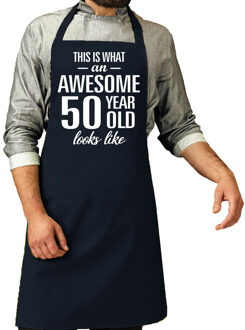 Bellatio Decorations Cadeau schort voor heren - awesome 50 year - navy - keukenschort - verjaardag - 50 jaar