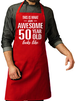 Bellatio Decorations Cadeau schort voor heren - awesome 50 year - rood - keukenschort - verjaardag - 50 jaar
