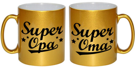 Bellatio Decorations Cadeau set Super oma/opa koffie mokken / bekers goud 330 ml