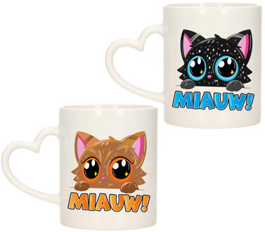 Bellatio Decorations Cadeau set van 2x stuks koffie/thee drink mokken - poes/kat - Miauw - hartjes oor - keramiek