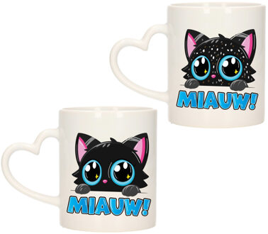 Bellatio Decorations Cadeau set van 2x stuks koffie/thee drink mokken - poes/kat - Miauw - hartjes oor - keramiek