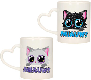 Bellatio Decorations Cadeau set van 2x stuks koffie/thee drink mokken - poes/kat - Miauw - hartjes oor - keramiek