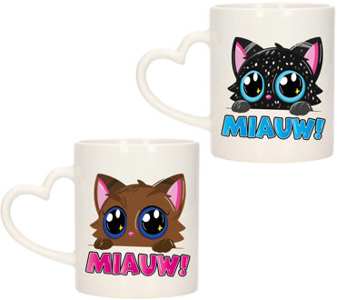 Bellatio Decorations Cadeau set van 2x stuks koffie/thee drink mokken - poes/kat - Miauw - hartjes oor - keramiek