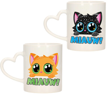 Bellatio Decorations Cadeau set van 2x stuks koffie/thee drink mokken - poes/kat - Miauw - hartjes oor - keramiek