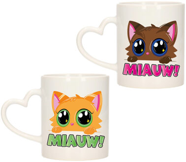 Bellatio Decorations Cadeau set van 2x stuks koffie/thee drink mokken - poes/kat - Miauw - hartjes oor - keramiek