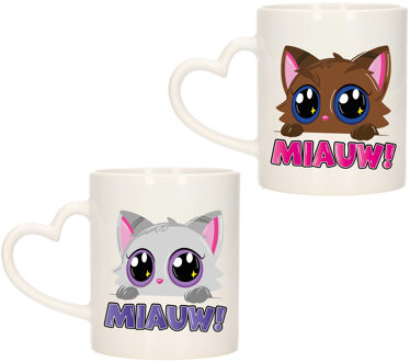 Bellatio Decorations Cadeau set van 2x stuks koffie/thee drink mokken - poes/kat - Miauw - hartjes oor - keramiek