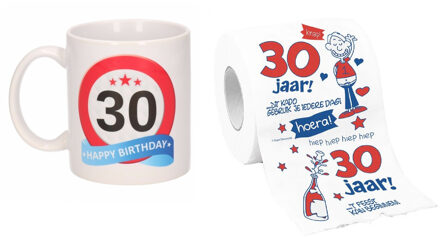 Bellatio Decorations Cadeau set voor 30e verjaardag - Koffie mok en funny Wc-rol - Voor vrouwen van 30 - feest mokken Multikleur