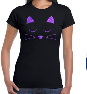 Bellatio Decorations Cadeau T-shirt dames - zwart - glitter paars - kat / poes liefhebber - themafeest M
