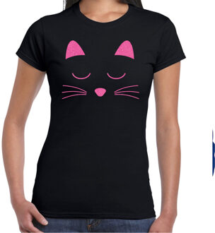 Bellatio Decorations Cadeau T-shirt dames - zwart - glitter roze - kat / poes liefhebber - themafeest XL