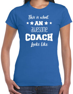 Bellatio Decorations cadeau t-shirt voor dames - awesome coach - coach bedankje - blauw 2XL