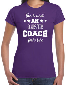 Bellatio Decorations Cadeau t-shirt voor dames - awesome coach - coach bedankje - paars M