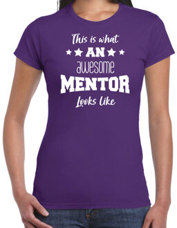 Bellatio Decorations Cadeau t-shirt voor dames - awesome mentor - paars - docent/lerares/schooljaar bedankje XS