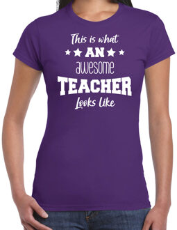 Bellatio Decorations cadeau t-shirt voor dames - awesome teacher - docent/lerares bedankje - paars 2XL