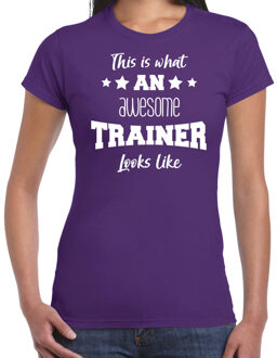 Bellatio Decorations cadeau t-shirt voor dames - awesome trainer - trainer bedankje - paars 2XL