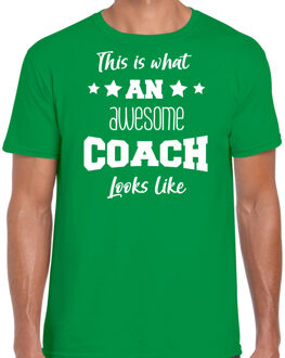 Bellatio Decorations cadeau t-shirt voor heren - awesome coach - coaches bedankje - groen 2XL