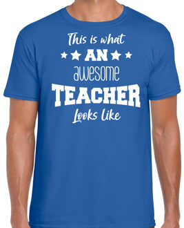 Bellatio Decorations cadeau t-shirt voor heren - awesome teacher - docent/leraar bedankje - blauw 2XL