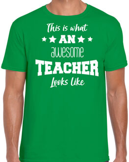 Bellatio Decorations cadeau t-shirt voor heren - awesome teacher - docent/leraar bedankje - groen 2XL