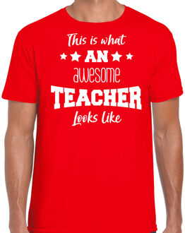 Bellatio Decorations cadeau t-shirt voor heren - awesome teacher - docent/leraar bedankje - rood 2XL