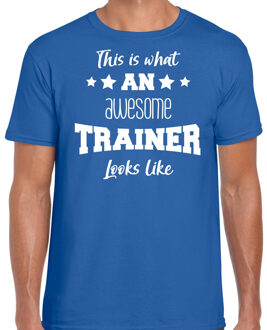 Bellatio Decorations cadeau t-shirt voor heren - awesome trainer - trainers bedankje - blauw 2XL