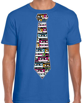 Bellatio Decorations Cadeau T-shirt voor heren - cassettebandje stropdas - blauw - muziek fan M