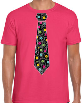 Bellatio Decorations Cadeau T-shirt voor heren - langspeelplaat stropdas - roze - muziek fan