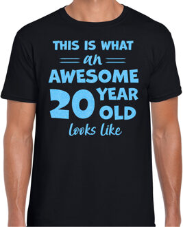 Bellatio Decorations Cadeau T-shirt voor heren - leeftijd 20 jaar - awesome - zwart - glitter blauw - Verjaardagsfeest S