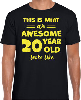 Bellatio Decorations Cadeau T-shirt voor heren - leeftijd 20 jaar - awesome - zwart - glitter geel - Verjaardagsfeest M