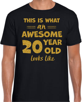 Bellatio Decorations Cadeau T-shirt voor heren - leeftijd 20 jaar - awesome - zwart - glitter goud - Verjaardagsfeest XL