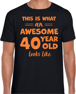 Bellatio Decorations Cadeau T-shirt voor heren - leeftijd 40 jaar - awesome - zwart - glitter oranje - Verjaardagsfeest 2XL