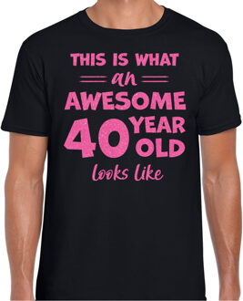 Bellatio Decorations Cadeau T-shirt voor heren - leeftijd 40 jaar - awesome - zwart - glitter roze - Verjaardagsfeest 2XL
