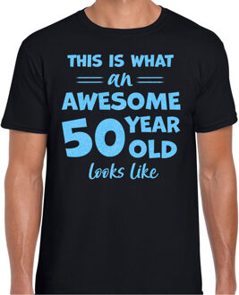 Bellatio Decorations Cadeau T-shirt voor heren - leeftijd 50 jaar - awesome - zwart - glitter blauw - Abraham 2XL