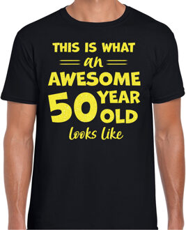 Bellatio Decorations Cadeau T-shirt voor heren - leeftijd 50 jaar - awesome - zwart - glitter geel - Abraham 2XL