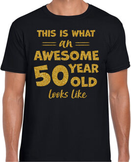 Bellatio Decorations Cadeau T-shirt voor heren - leeftijd 50 jaar - awesome - zwart - glitter goud - Abraham 2XL