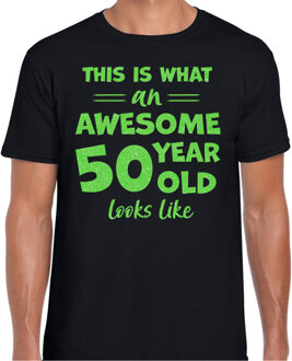 Bellatio Decorations Cadeau T-shirt voor heren - leeftijd 50 jaar - awesome - zwart - glitter groen - Abraham 2XL