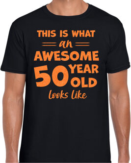 Bellatio Decorations Cadeau T-shirt voor heren - leeftijd 50 jaar - awesome - zwart - glitter oranje - Abraham 2XL