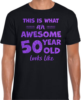 Bellatio Decorations Cadeau T-shirt voor heren - leeftijd 50 jaar - awesome - zwart - glitter paars - Abraham 2XL