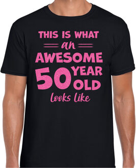 Bellatio Decorations Cadeau T-shirt voor heren - leeftijd 50 jaar - awesome - zwart - glitter roze - Abraham 2XL