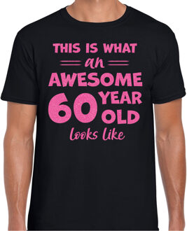 Bellatio Decorations Cadeau T-shirt voor heren - leeftijd 60 jaar - awesome - zwart - glitter roze - Verjaardagsfeest 2XL