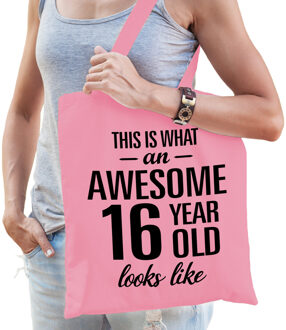 Bellatio Decorations Cadeau tas 16 jaar - verjaardag - roze - katoen - 42 x 38 cm