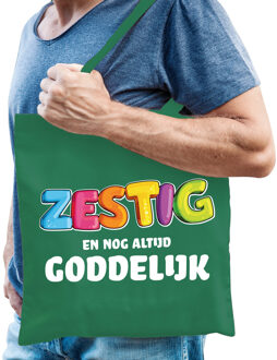 Bellatio Decorations Cadeau tas 60 jaar - zestig en goddelijk - heren - groen - katoen - 42 x 38 cm