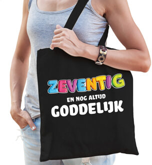 Bellatio Decorations Cadeau tas 70 jaar - zeventig en goddelijk - dames - zwart - katoen - 42 x 38 cm