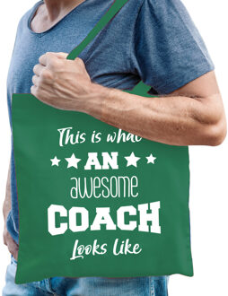 Bellatio Decorations cadeau tas coach - katoen - groen - This is what an awesome coach looks like - Feest Boodschappenta