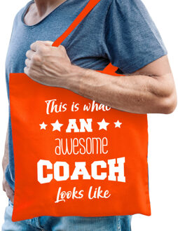 Bellatio Decorations cadeau tas coach - katoen - oranje - This is what an awesome coach looks like - Feest Boodschappent