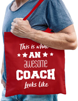 Bellatio Decorations cadeau tas coach - katoen - rood - This is what an awesome coach looks like - Feest Boodschappentas