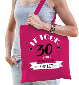 Bellatio Decorations cadeau tas dames - 30 en perfect - fuchsia roze - katoen - 42 x 38 cm - dertig