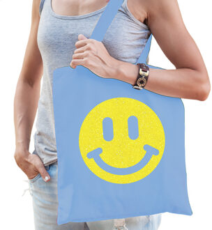 Bellatio Decorations Cadeau tas dames - smiley - blauw - katoen - 42 x 38 cm -Moederdag - verjaardag - Feest Boodschappe