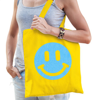 Bellatio Decorations Cadeau tas dames - smiley - geel - katoen - 42 x 38 cm -Moederdag - verjaardag - Feest Boodschappen