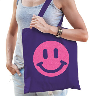 Bellatio Decorations Cadeau tas dames - smiley - paars - katoen - 42 x 38 cm -Moederdag - verjaardag - Feest Boodschappe