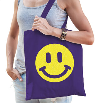 Bellatio Decorations Cadeau tas dames - smiley - paars - katoen - 42 x 38 cm -Moederdag - verjaardag - Feest Boodschappe