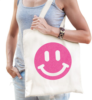 Bellatio Decorations Cadeau tas dames - smiley - wit - katoen - 42 x 38 cm -Moederdag - verjaardag - Feest Boodschappent